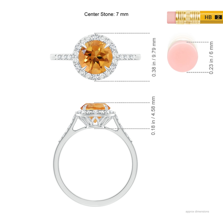 7mm AA Round Citrine Engagement Ring with Diamond Halo in White Gold ruler