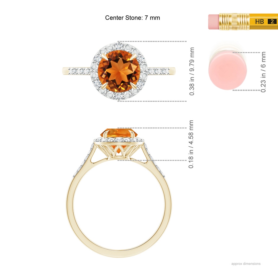 7mm AAAA Round Citrine Engagement Ring with Diamond Halo in Yellow Gold ruler