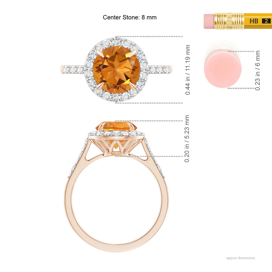 8mm AAA Round Citrine Engagement Ring with Diamond Halo in Rose Gold ruler