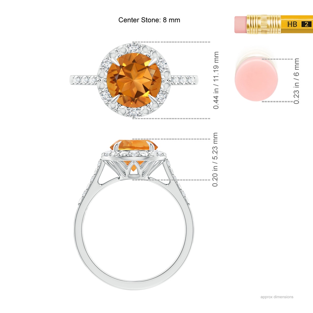 8mm AAA Round Citrine Engagement Ring with Diamond Halo in White Gold Ruler