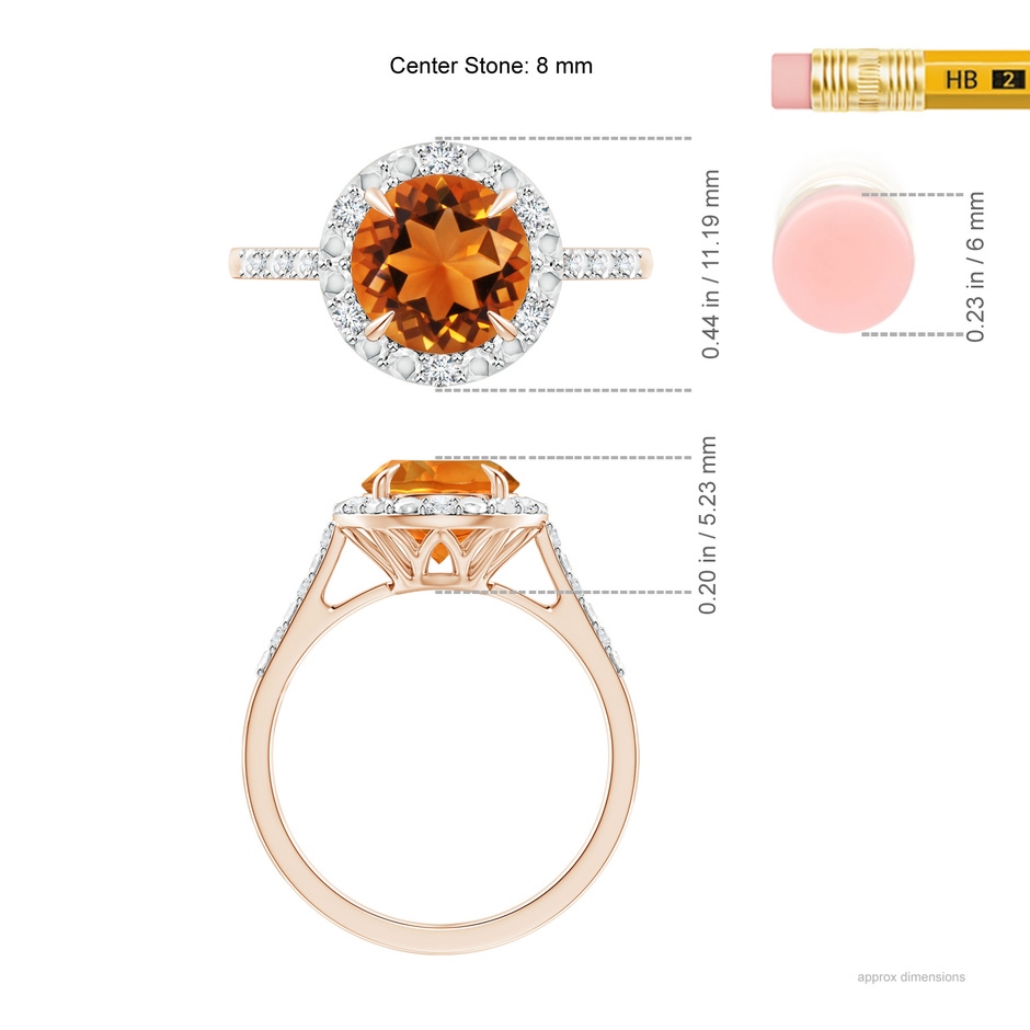 8mm AAAA Round Citrine Engagement Ring with Diamond Halo in Rose Gold ruler