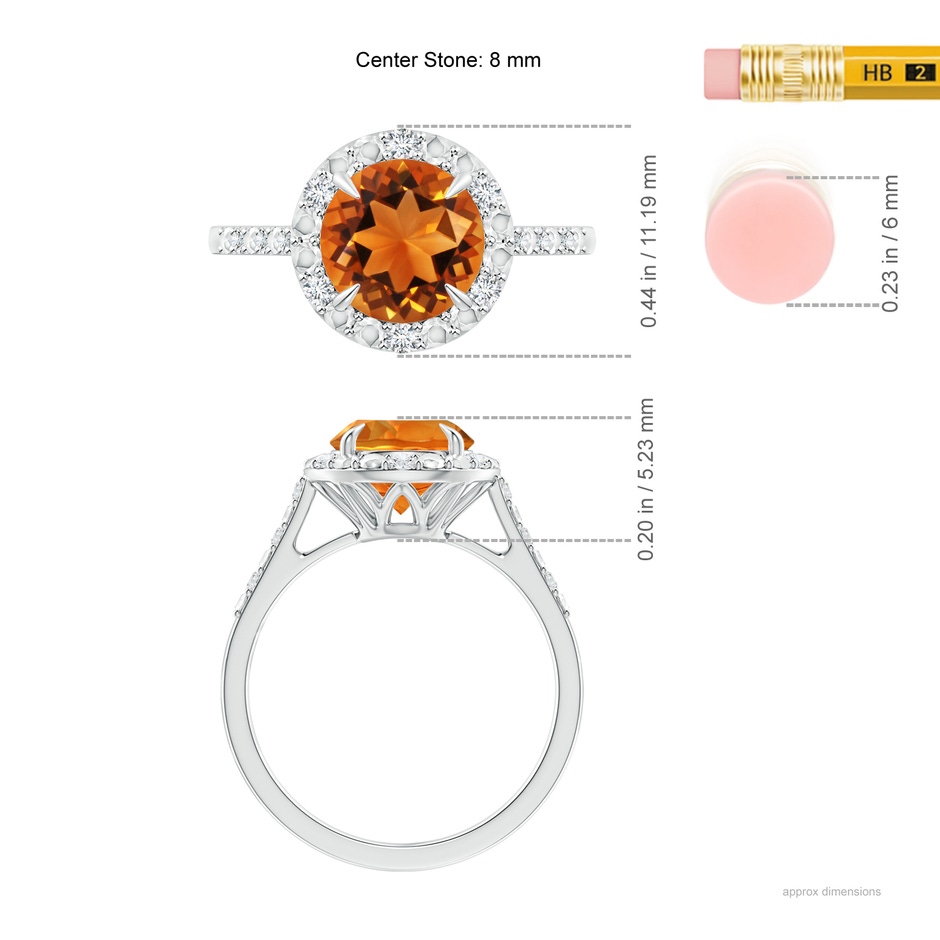8mm AAAA Round Citrine Engagement Ring with Diamond Halo in White Gold ruler