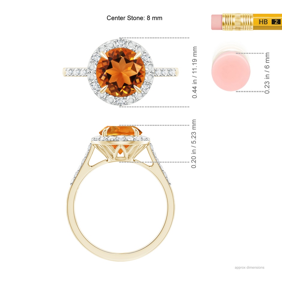 8mm AAAA Round Citrine Engagement Ring with Diamond Halo in Yellow Gold ruler