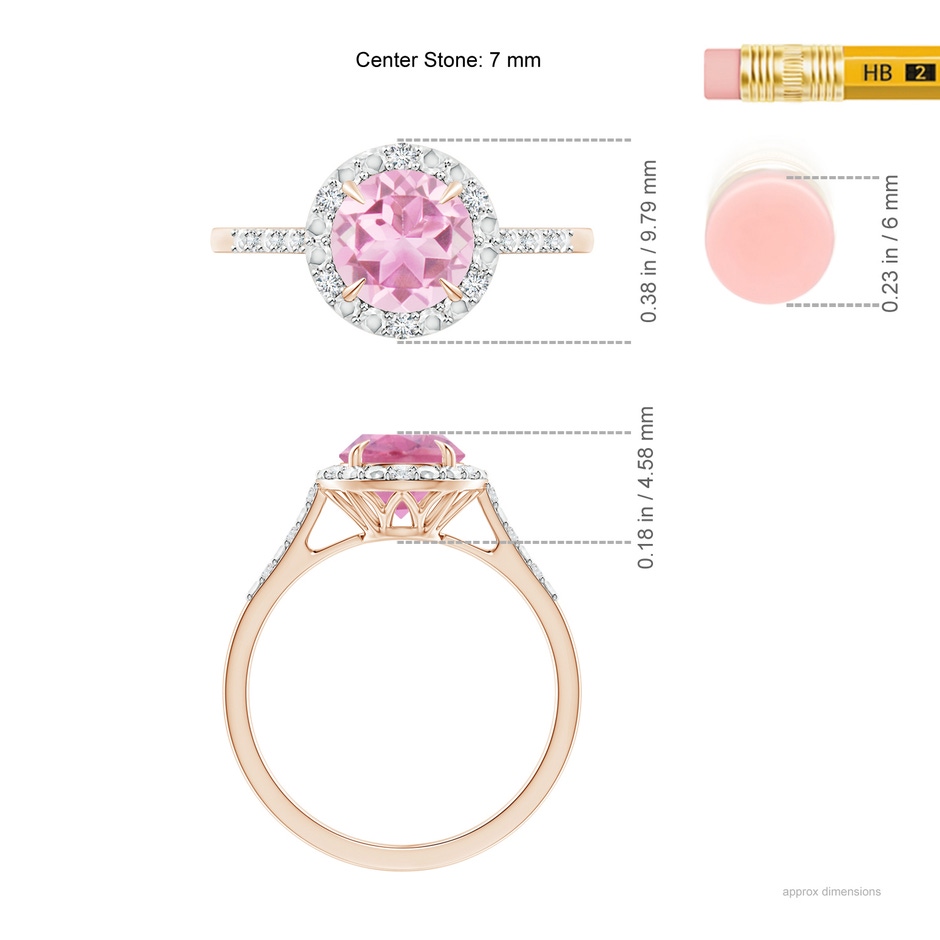 7mm A Round Pink Tourmaline Engagement Ring with Diamond Halo in Rose Gold ruler