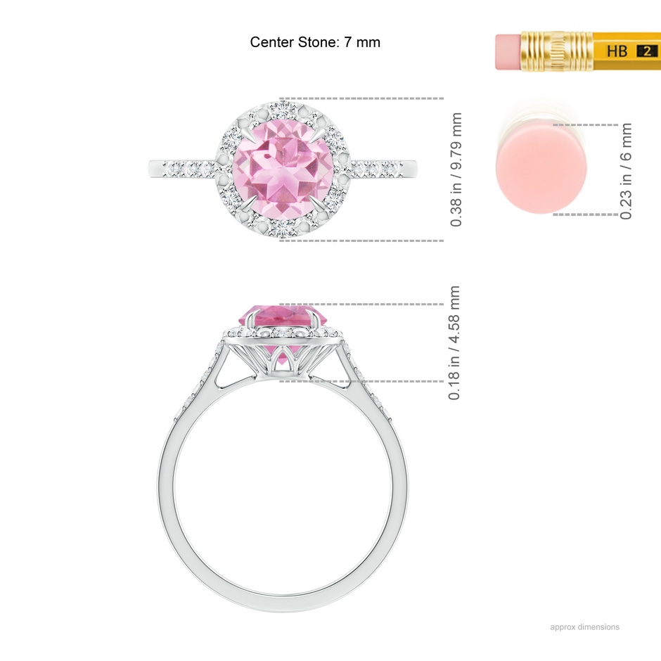 7mm A Round Pink Tourmaline Engagement Ring with Diamond Halo in White Gold ruler