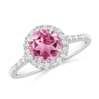 7mm AAA Round Pink Tourmaline Engagement Ring with Diamond Halo in P950 Platinum