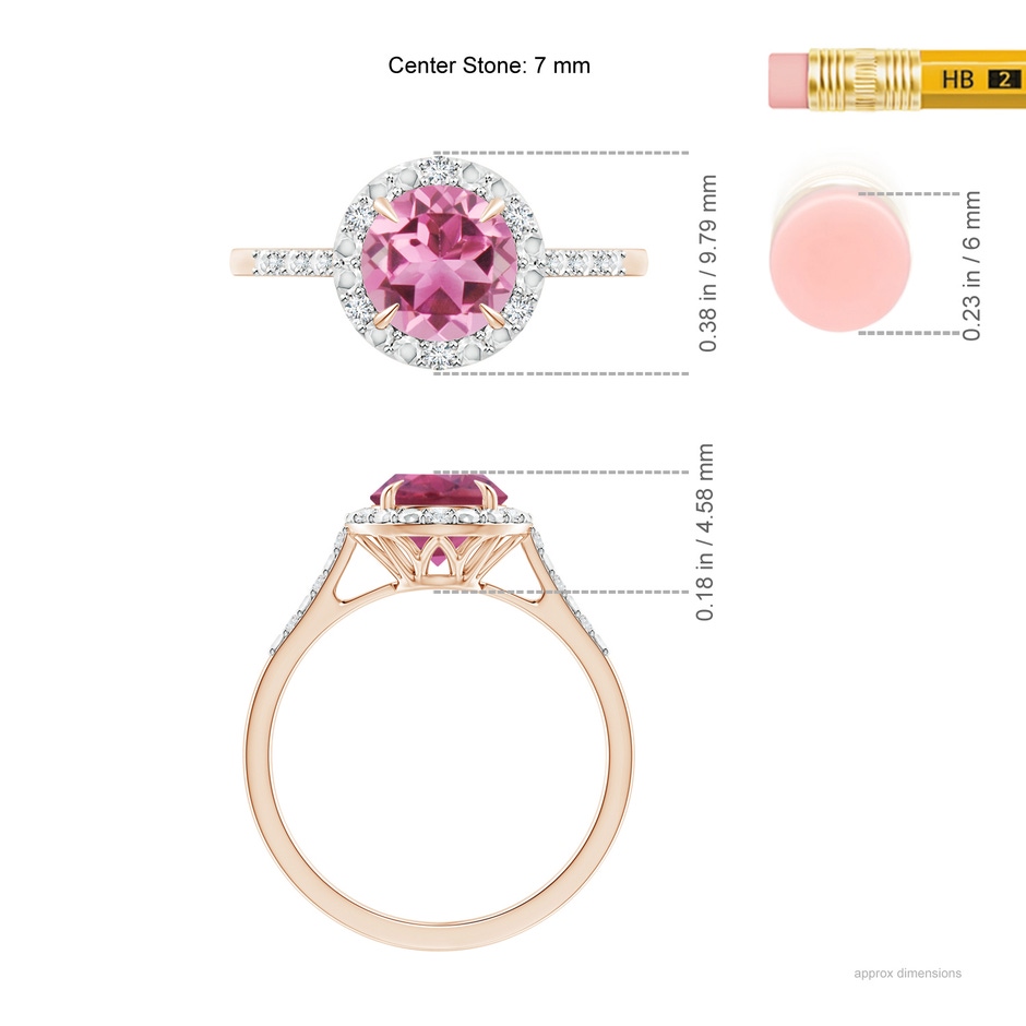 7mm AAA Round Pink Tourmaline Engagement Ring with Diamond Halo in Rose Gold ruler