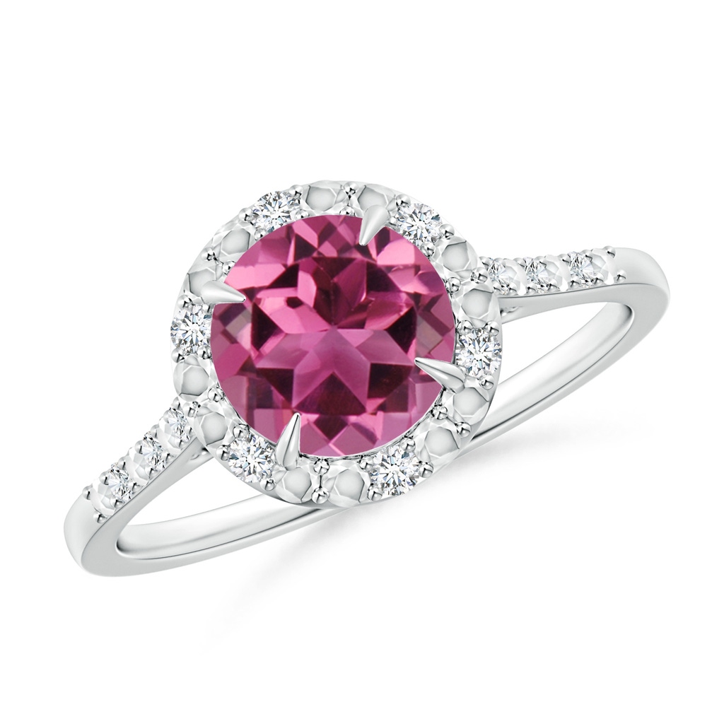 7mm AAAA Round Pink Tourmaline Engagement Ring with Diamond Halo in P950 Platinum