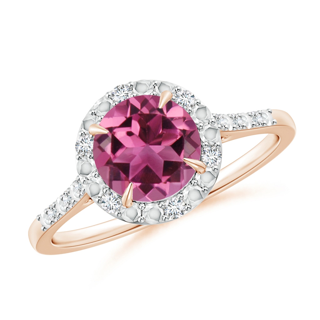 7mm AAAA Round Pink Tourmaline Engagement Ring with Diamond Halo in Rose Gold
