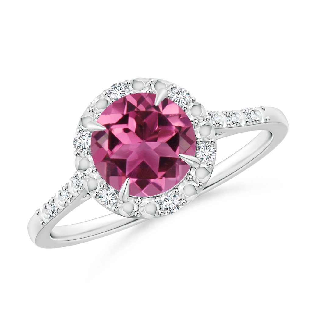 7mm AAAA Round Pink Tourmaline Engagement Ring with Diamond Halo in White Gold