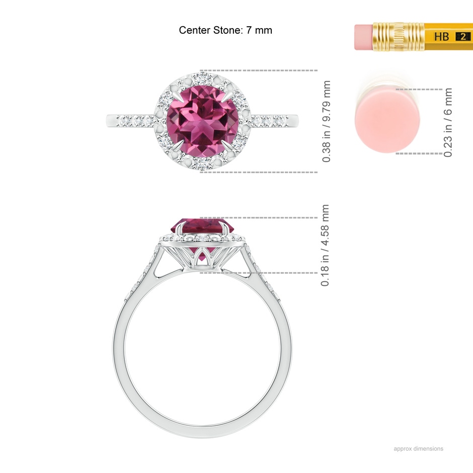 7mm AAAA Round Pink Tourmaline Engagement Ring with Diamond Halo in White Gold ruler