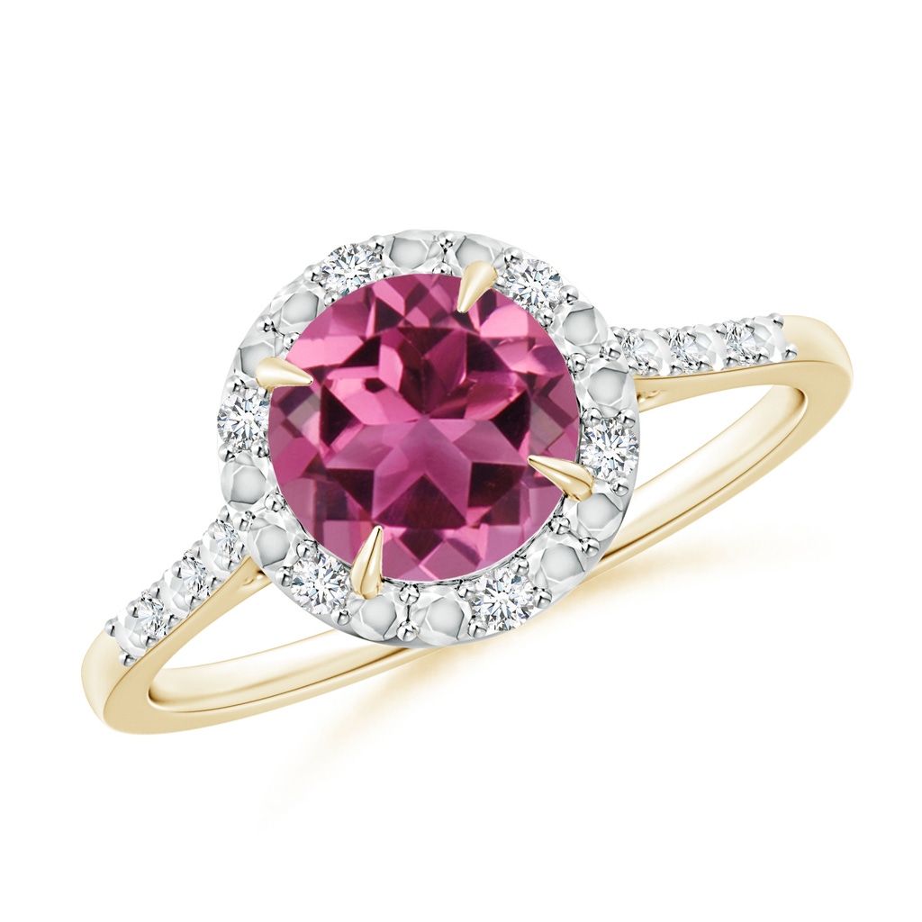 7mm AAAA Round Pink Tourmaline Engagement Ring with Diamond Halo in Yellow Gold