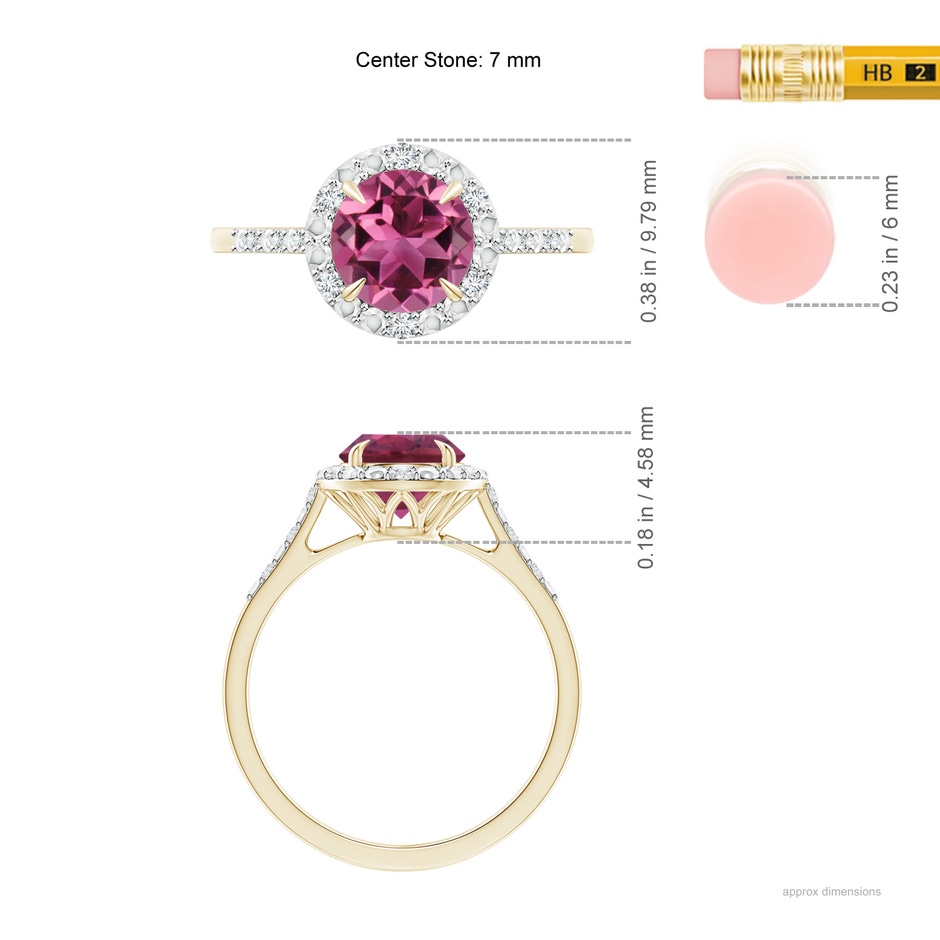 7mm AAAA Round Pink Tourmaline Engagement Ring with Diamond Halo in Yellow Gold ruler
