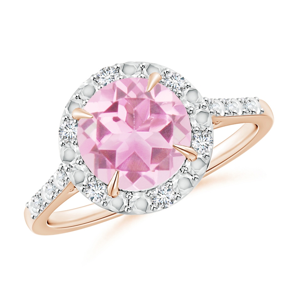8mm A Round Pink Tourmaline Engagement Ring with Diamond Halo in Rose Gold 