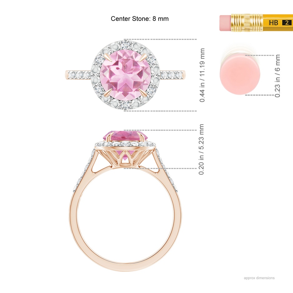 8mm A Round Pink Tourmaline Engagement Ring with Diamond Halo in Rose Gold ruler