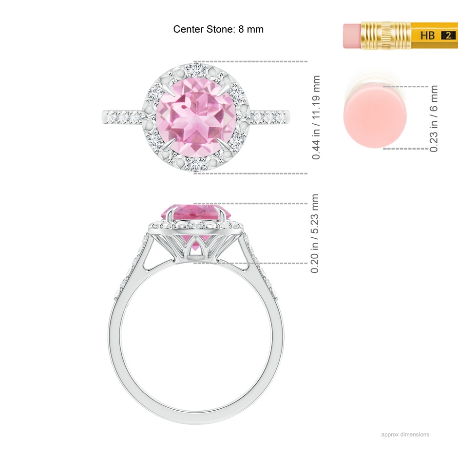 8mm A Round Pink Tourmaline Engagement Ring with Diamond Halo in White Gold ruler