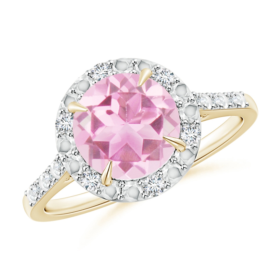 8mm A Round Pink Tourmaline Engagement Ring with Diamond Halo in Yellow Gold 
