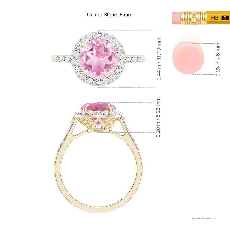 8mm A Round Pink Tourmaline Engagement Ring with Diamond Halo in Yellow Gold ruler