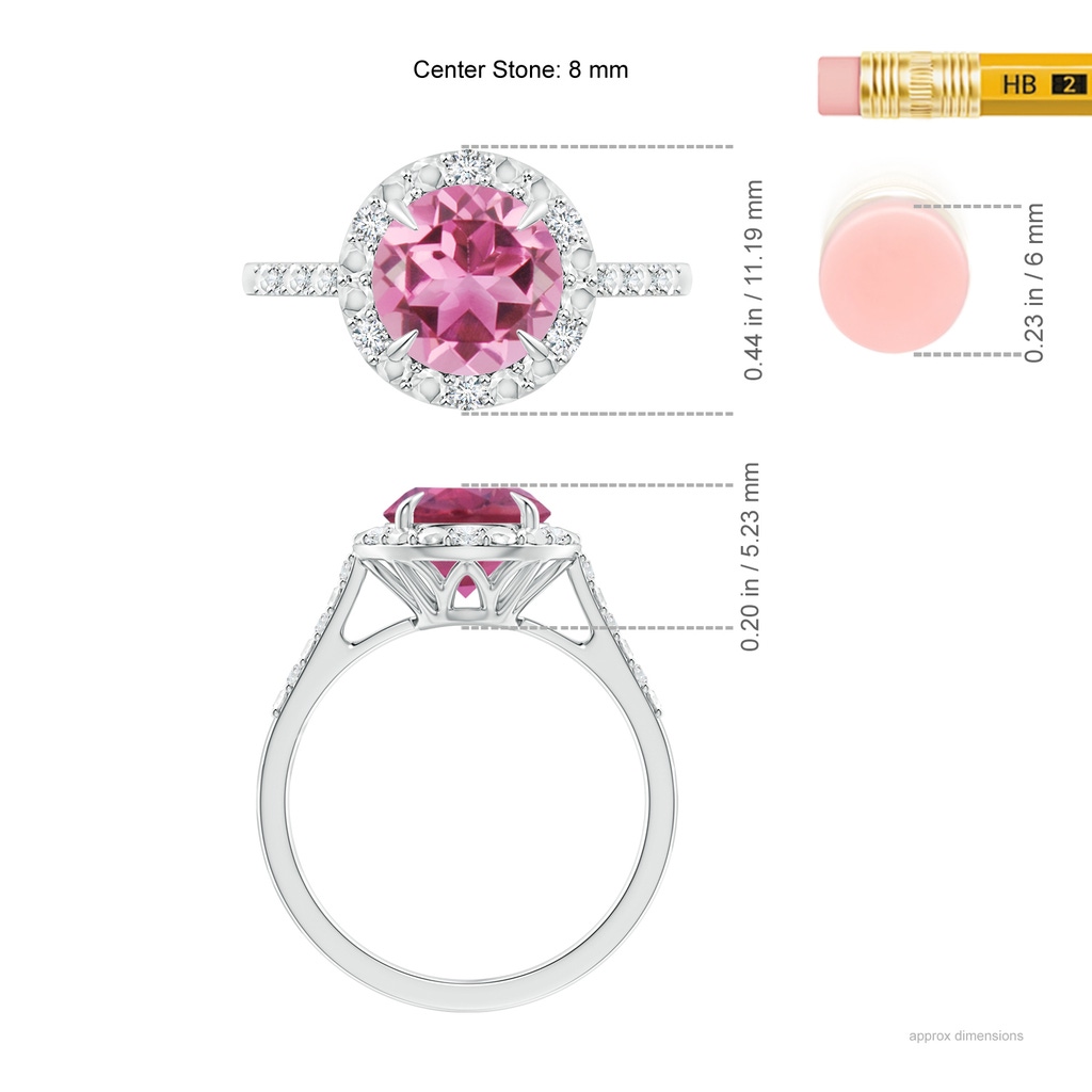 8mm AAA Round Pink Tourmaline Engagement Ring with Diamond Halo in White Gold Ruler