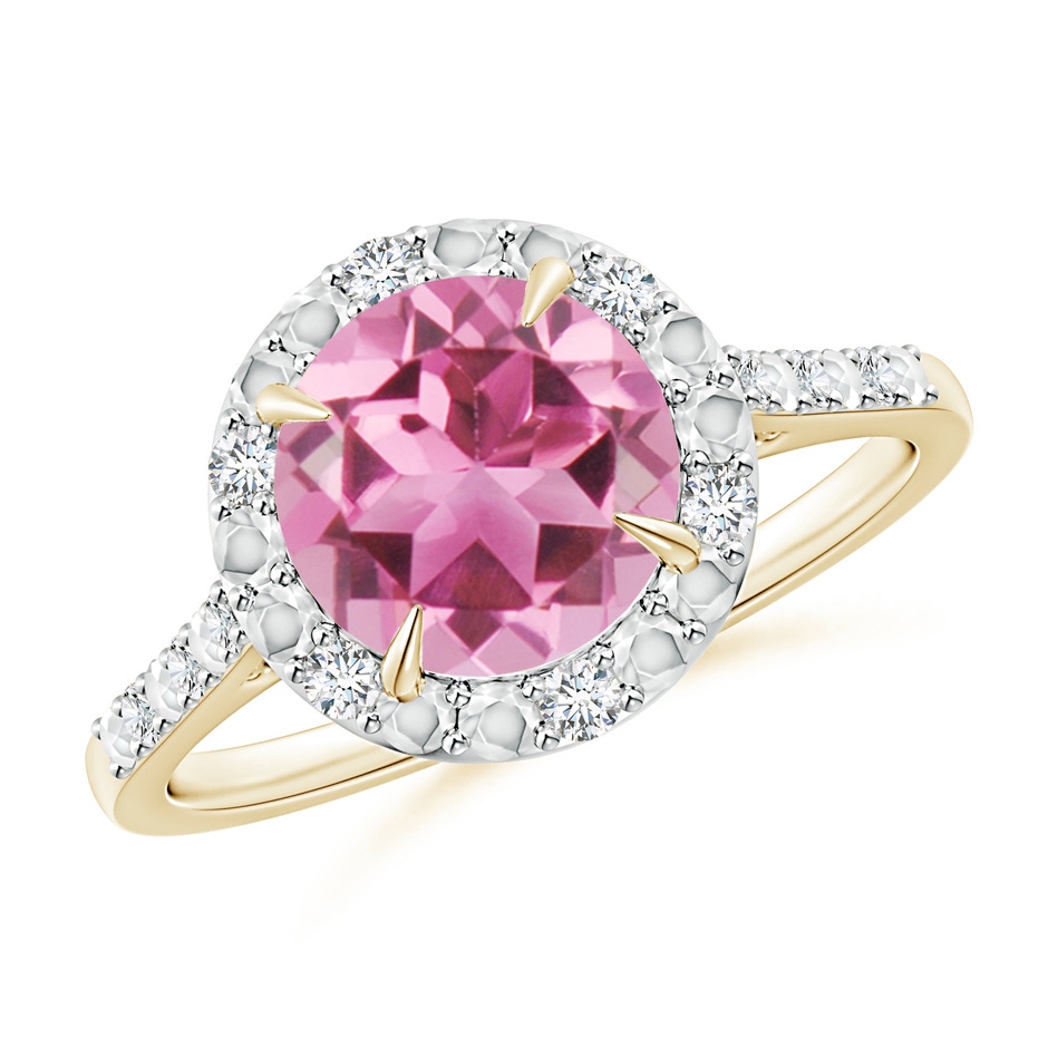 8mm AAA Round Pink Tourmaline Engagement Ring with Diamond Halo in Yellow Gold 