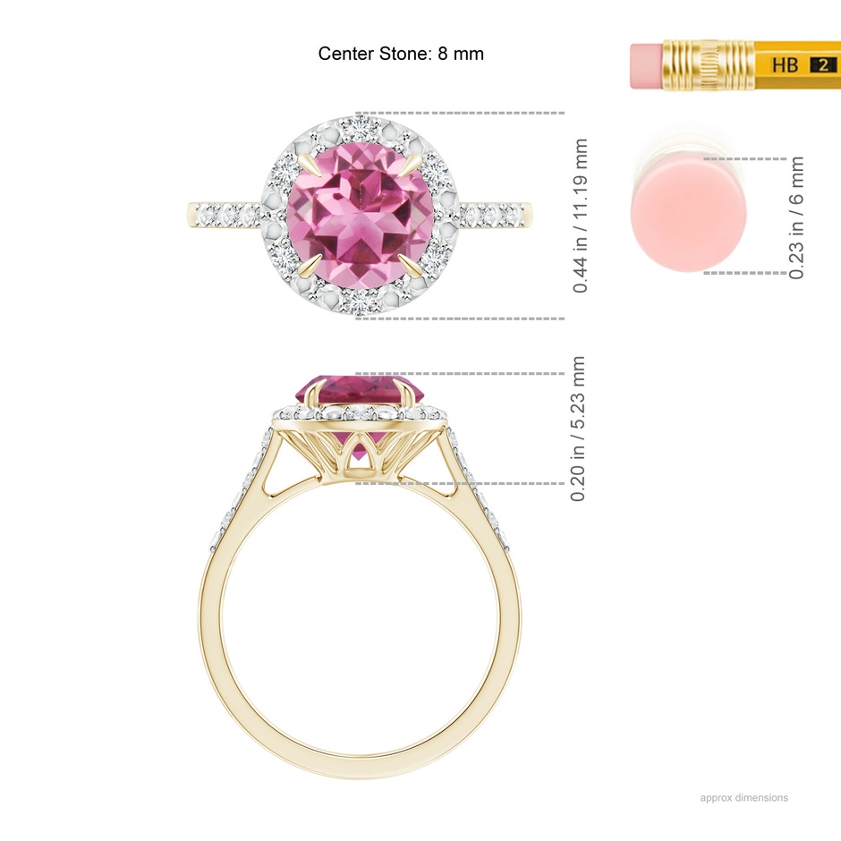 8mm AAA Round Pink Tourmaline Engagement Ring with Diamond Halo in Yellow Gold ruler
