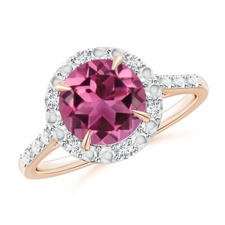 8mm AAAA Round Pink Tourmaline Engagement Ring with Diamond Halo in Rose Gold