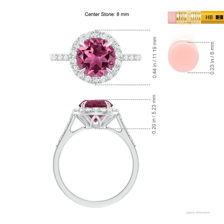 8mm AAAA Round Pink Tourmaline Engagement Ring with Diamond Halo in White Gold ruler