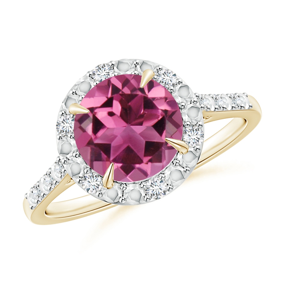 8mm AAAA Round Pink Tourmaline Engagement Ring with Diamond Halo in Yellow Gold 