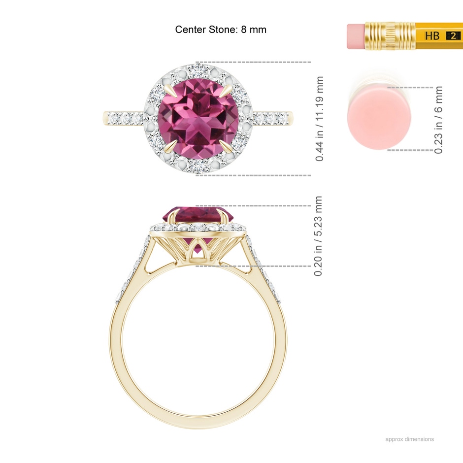 8mm AAAA Round Pink Tourmaline Engagement Ring with Diamond Halo in Yellow Gold ruler