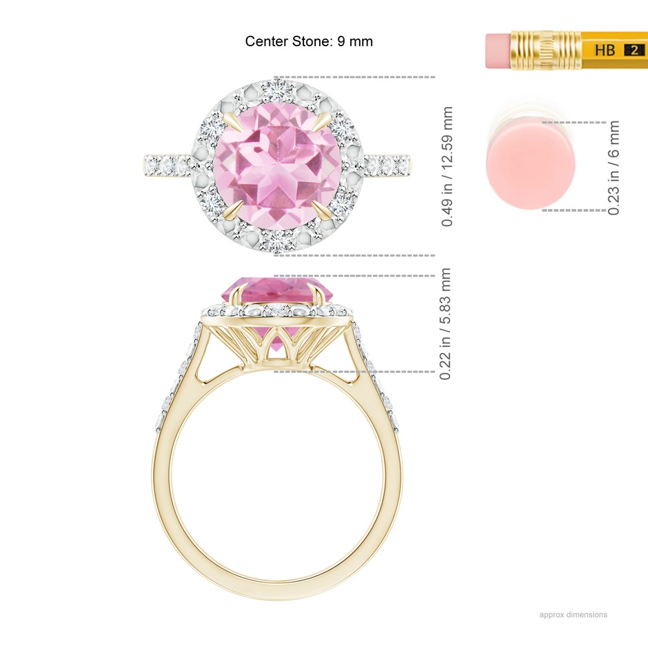 9mm A Round Pink Tourmaline Engagement Ring with Diamond Halo in Yellow Gold ruler