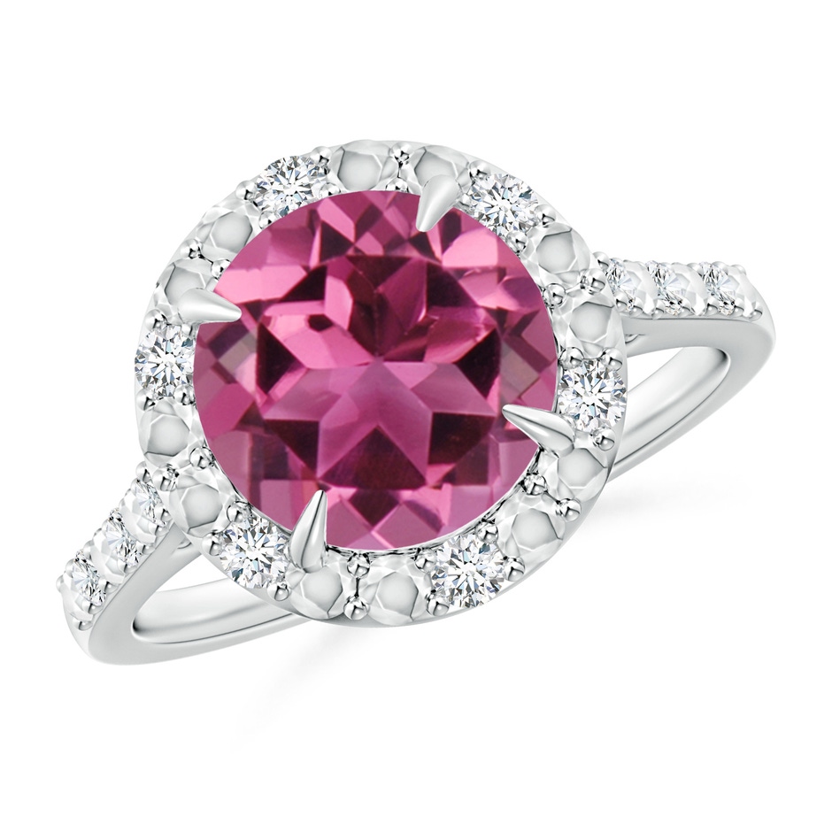9mm AAAA Round Pink Tourmaline Engagement Ring with Diamond Halo in P950 Platinum 