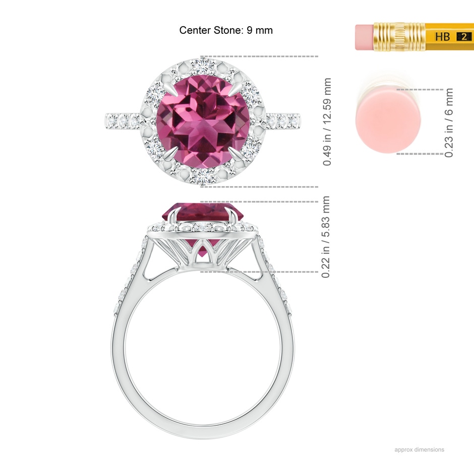 9mm AAAA Round Pink Tourmaline Engagement Ring with Diamond Halo in P950 Platinum ruler
