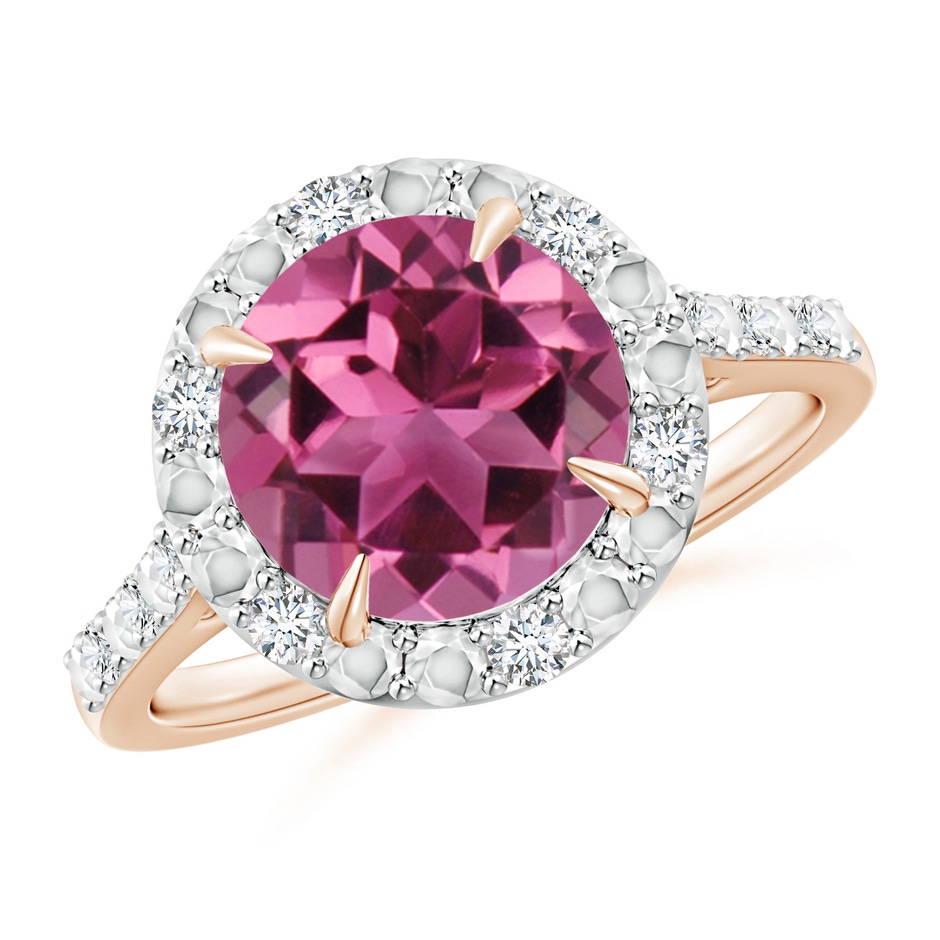 9mm AAAA Round Pink Tourmaline Engagement Ring with Diamond Halo in Rose Gold 