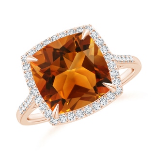 10mm AAAA Cushion Citrine Engagement Ring with Diamond Halo in Rose Gold