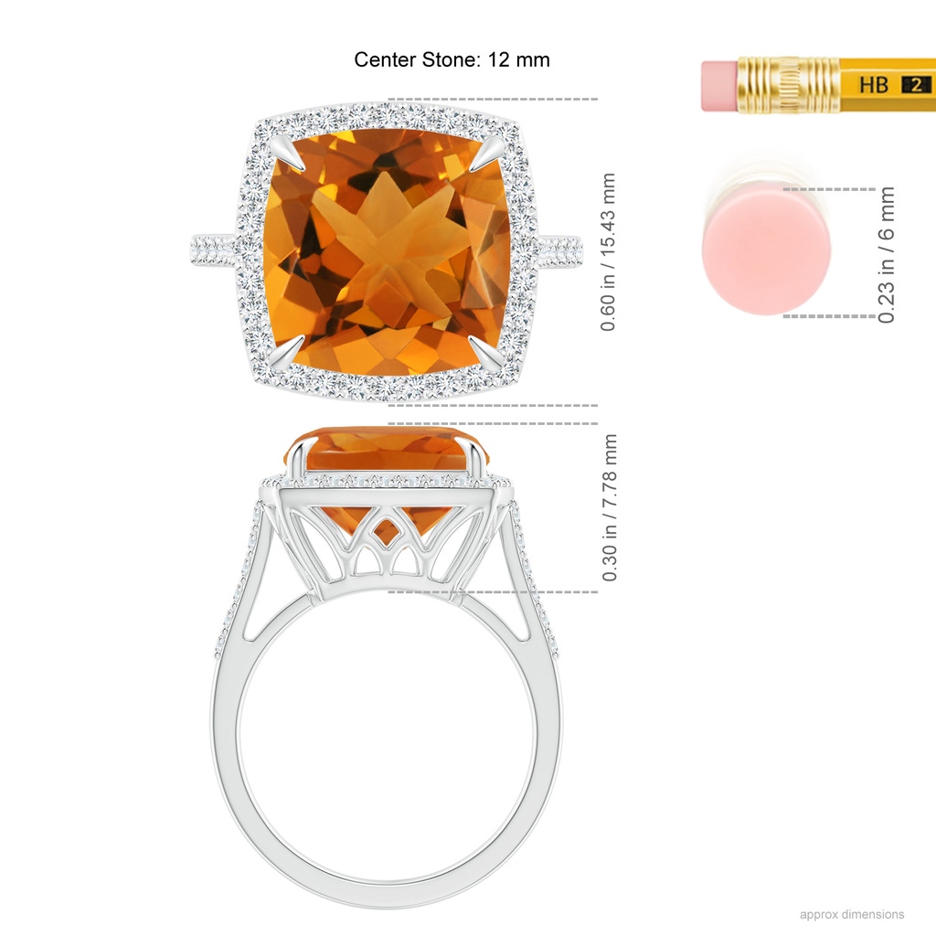 12mm AAA Cushion Citrine Engagement Ring with Diamond Halo in White Gold Ruler