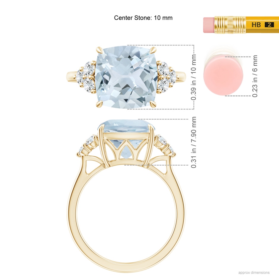 10mm A Cushion Aquamarine Engagement Ring with Trio Diamonds in Yellow Gold ruler