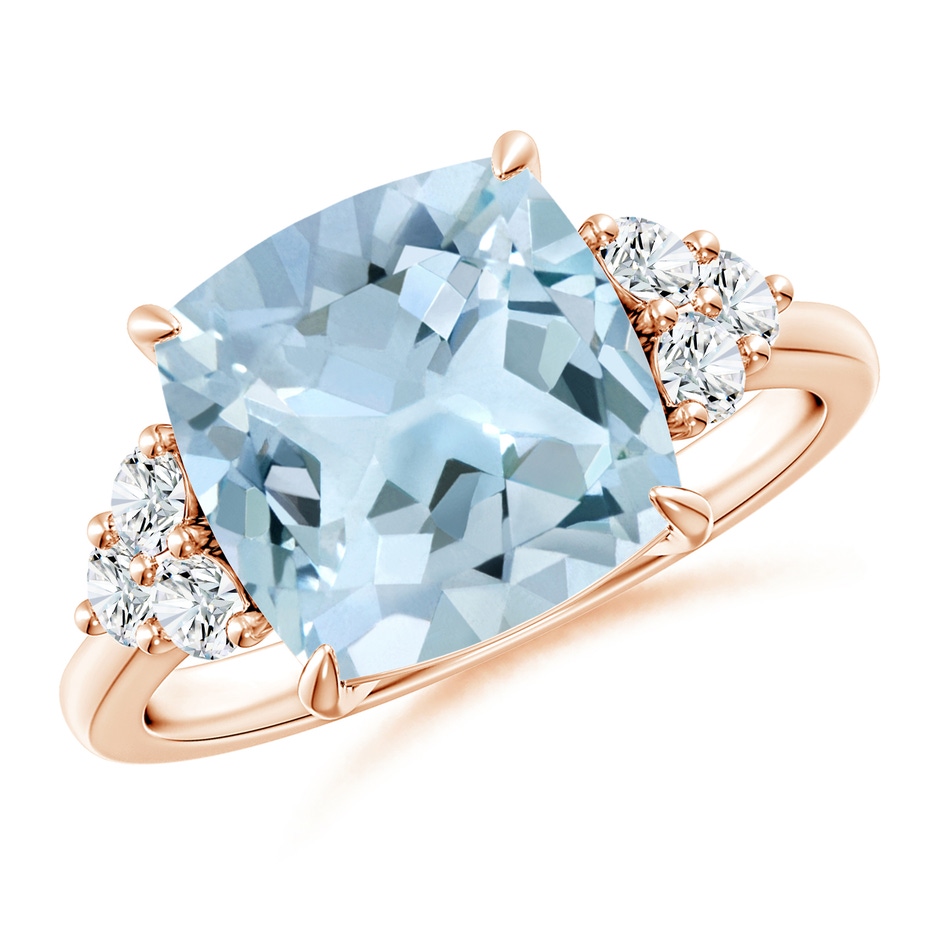 10mm AA Cushion Aquamarine Engagement Ring with Trio Diamonds in Rose Gold 