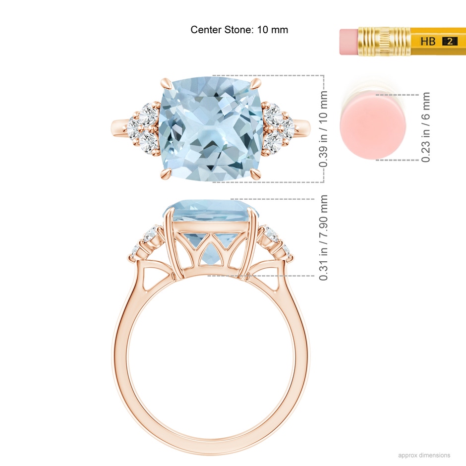 10mm AA Cushion Aquamarine Engagement Ring with Trio Diamonds in Rose Gold ruler