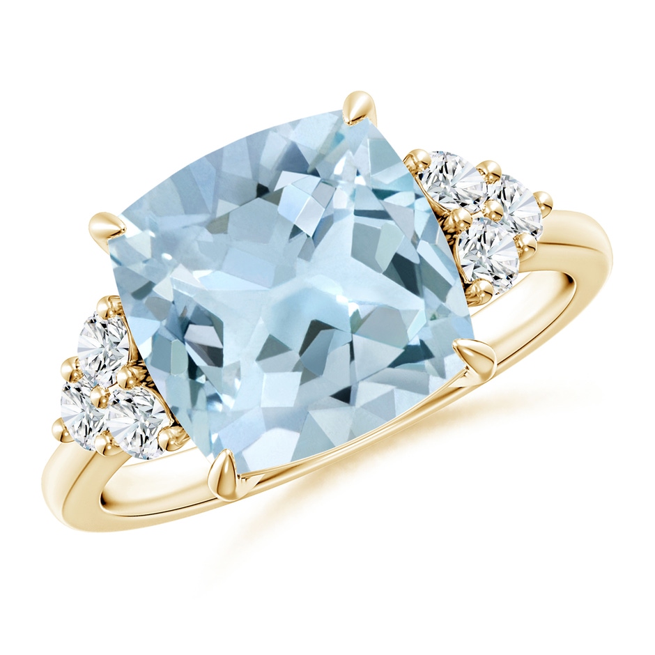 10mm AA Cushion Aquamarine Engagement Ring with Trio Diamonds in Yellow Gold 