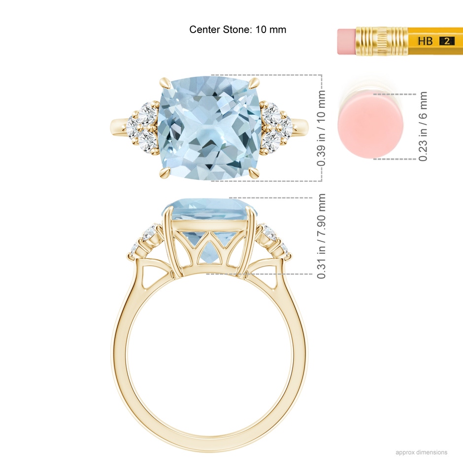 10mm AA Cushion Aquamarine Engagement Ring with Trio Diamonds in Yellow Gold ruler