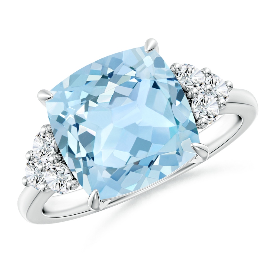 10mm AAA Cushion Aquamarine Engagement Ring with Trio Diamonds in P950 Platinum 