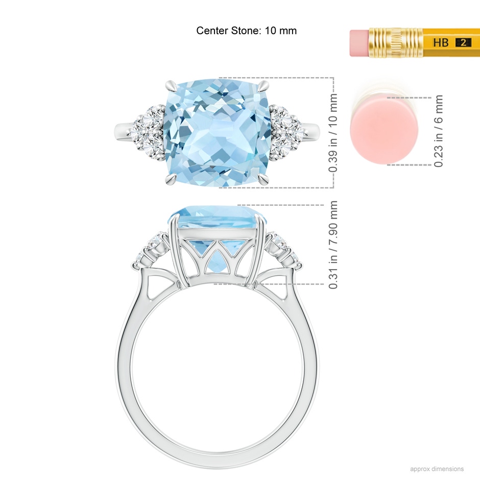 10mm AAA Cushion Aquamarine Engagement Ring with Trio Diamonds in P950 Platinum ruler