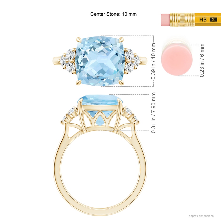 10mm AAA Cushion Aquamarine Engagement Ring with Trio Diamonds in Yellow Gold ruler