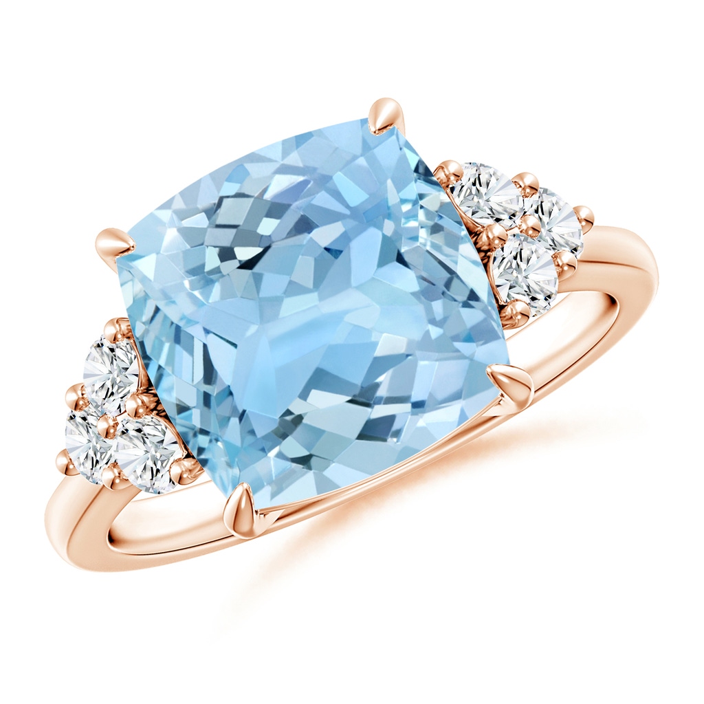 10mm AAAA Cushion Aquamarine Engagement Ring with Trio Diamonds in Rose Gold