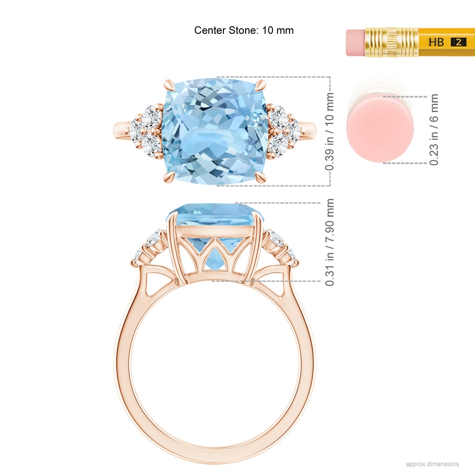 10mm AAAA Cushion Aquamarine Engagement Ring with Trio Diamonds in Rose Gold ruler
