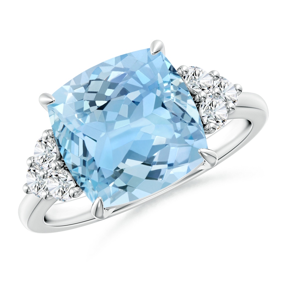 10mm AAAA Cushion Aquamarine Engagement Ring with Trio Diamonds in White Gold 