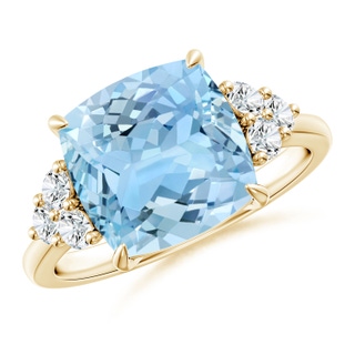 10mm AAAA Cushion Aquamarine Engagement Ring with Trio Diamonds in Yellow Gold