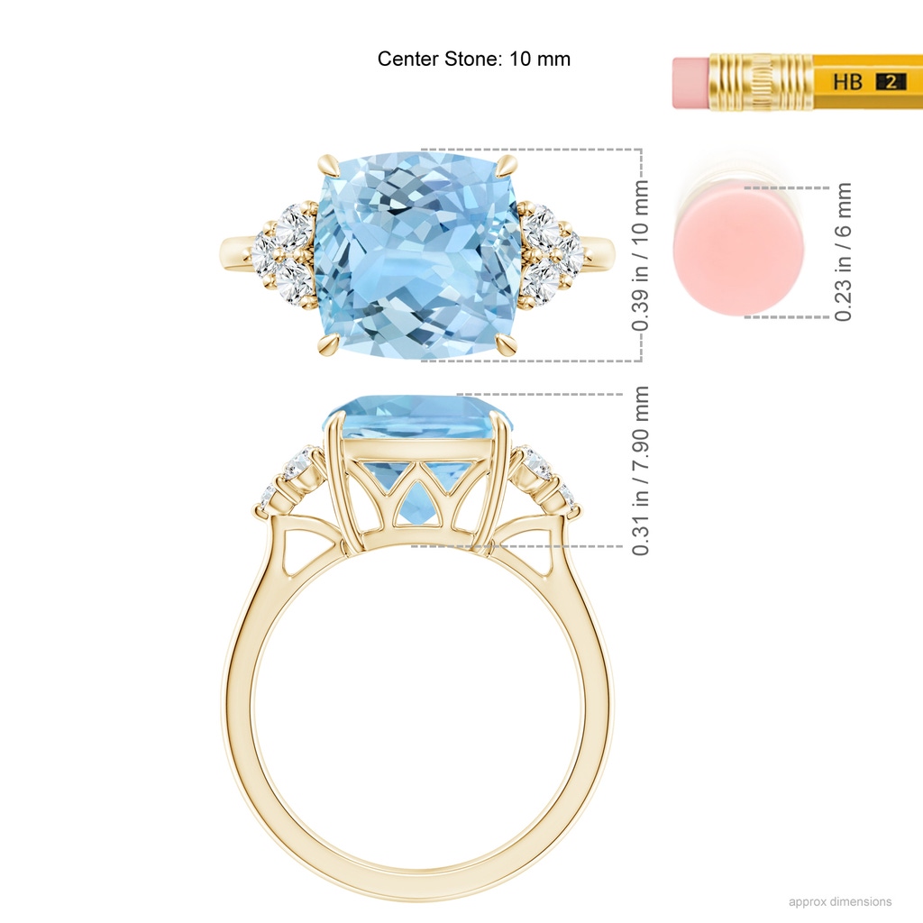 10mm AAAA Cushion Aquamarine Engagement Ring with Trio Diamonds in Yellow Gold Ruler