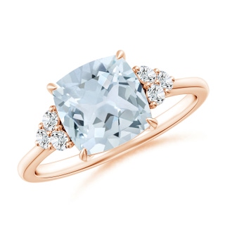8mm A Cushion Aquamarine Engagement Ring with Trio Diamonds in 10K Rose Gold