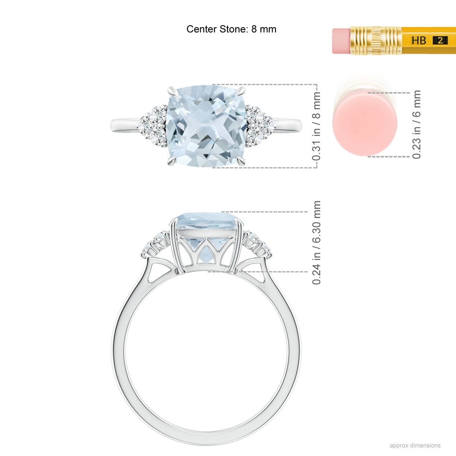 8mm A Cushion Aquamarine Engagement Ring with Trio Diamonds in P950 Platinum ruler